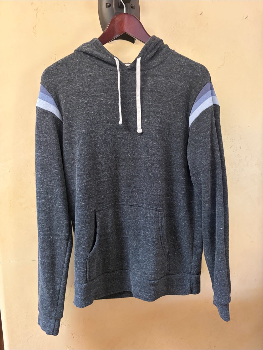 Sz M Marine Layer Charcoal Hooded Pullover with Light Blue Shoulder Stripes